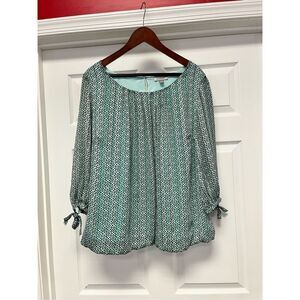 Roz & Ali Green Print Overlay Long Sleeve Bubble Hem Spring Blouse sz 2X